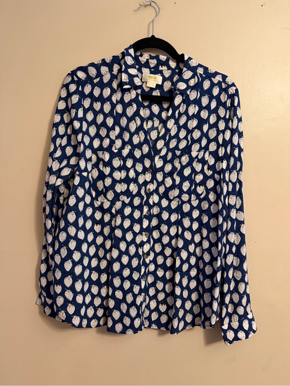 Anthropologie Navy Blue and White Printed Button-Down Shirt